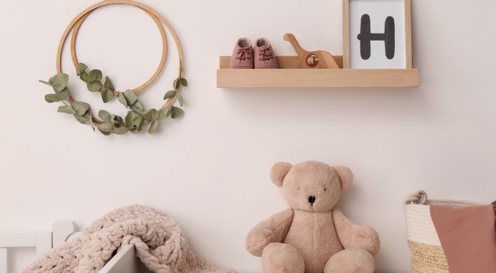 Wooden,Shelf,With,Baby,Accessories,And,Toys,In,Child,Room.