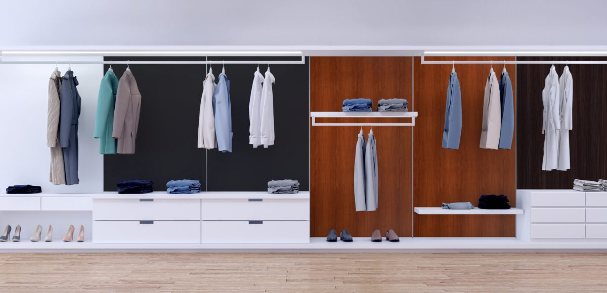 Modern minimalist dressing room, walk- in closet with white wardrobe,3d rendering